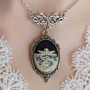 Dragonfly Cameo Necklace, Victorian Jewelry
