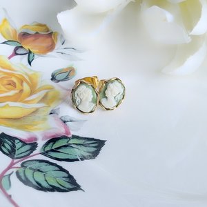 Tiny Cameo Earrings, Green and Ivory Studs, Gold Plated Stainless Steel Hypoallergenic Post, Vintage Style Cameo Jewelry, Historical Costume