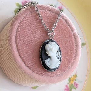 Black Cameo Necklace, Vintage Inspired Cameo Pendant, Victorian Wedding Accessories for Bride, Stainless Steel 