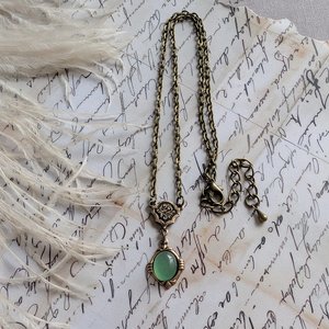 Aventurine Necklace in Antiqued Brass, Historical Costume Jewelry, Green Stone Pendant
