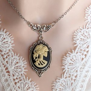 Skull Cameo Necklace, Day of the Dead Necklace, Dia de Los Muertas, Lady Skeleton Jewelry