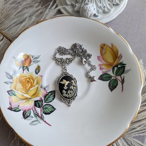 Black Hummingbird Cameo Necklace, Unique Bird Pendant Gift