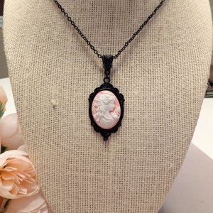 Pastel Goth Cameo Necklace, Pink Vintage Portrait in Black Pendant, Gift for Girlfriend