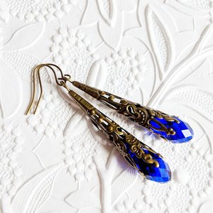 Long Blue and Silver Earrings, Antique Style Earrings, Victorian Jewelry, September Birthday Gift Idea for Girlfriend