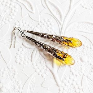 Vintage Style Earrings, Long Yellow Earrings, Bronze Filigree Jewelry, November Birthday Gift, Unique Gifts for Her