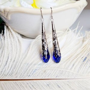 Long Blue and Silver Earrings, Antique Style Earrings, Victorian Jewelry, September Birthday Gift Idea for Girlfriend