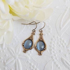 Sky blue earrings, light blue dangle earrings, vintage style golden earrings, something blue for bride jewelry, gift for her