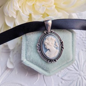 Blue Cameo Pendant, Black Ribbon Choker Necklace, Victorian Bridal Jewelry, Something Blue for Bride