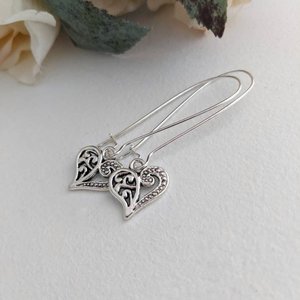 Valentines Day Earrings, Silver Heart Earrings, Long Heart Earrings, Love Earrings, Bridesmaid Earrings Gift, Sweetheart