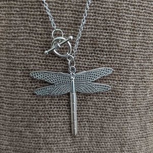 Silver Dragonfly Necklace with Toggle Closure, Minimalist Jewelry Pendant