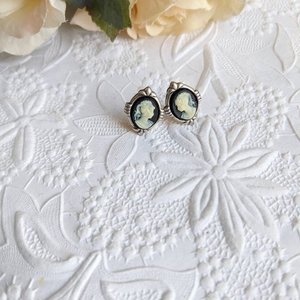 Art Deco Cameo Earrings, Black and Ivory Studs, Stainless Steel Hypoallergenic Posts