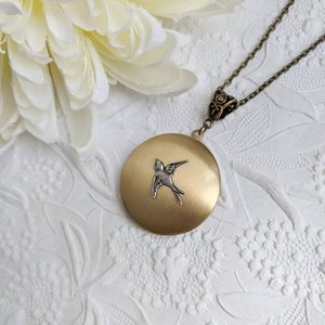 Round Locket Necklace with Swallow, Keepsake Jewelry