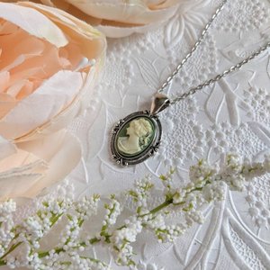 Green Cameo Necklace, Oval Victorian Pendant, Historical Costume Jewelry