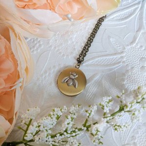 Tiny Bee Locket Necklace, Antiqued Gold Locket, Round Locket Necklace, Bee Jewelry, Minimalist Keepsake Gift, Daughter Grad Gift