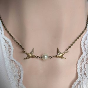 Silver Bird Necklace with Pearl, Flying Swallow Choker, Bride Jewelry for Wedding Day, June Birthday Gift 