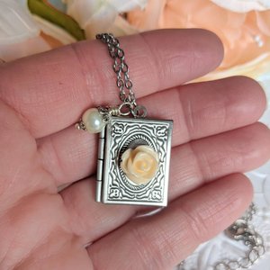 Silver Book Locket Necklace with Flower, Book Club Gifts for Book Lovers, Librarian Gift Idea