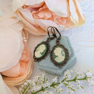 Turquoise Cameo Earrings, Victorian Lady Cameo Earrings, Romantic Earrings, Bride Earrings Vintage Style Wedding Jewelry, Historical Costume