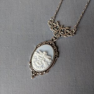 Blue Dragonfly Cameo Necklace, Art Nouveau Jewelry