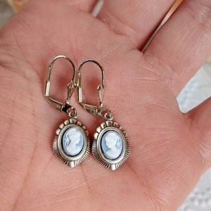 Blue Cameo Earrings, Silver Victorian Earrings, Cameo Jewelry, Historic Wedding Jewelry, Vintage Style Something Blue for Bride Earrings