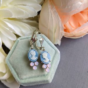 Blue Cameo Earrings, Rosewater Opal Earrings, Victorian Cameo Jewelry, Antique Replica, October Birthday Jewelry, Shabby Chic