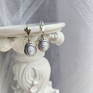 Blue Cameo Earrings, Silver Victorian Earrings, Cameo Jewelry, Historic Wedding Jewelry, Vintage Style Something Blue for Bride Earrings