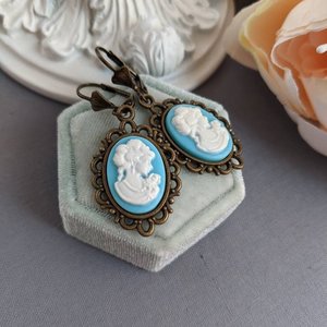 Turquoise Cameo Earrings, Victorian Lady Cameo Earrings, Romantic Earrings, Bride Earrings Vintage Style Wedding Jewelry, Historical Costume