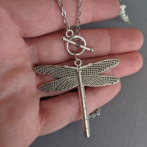 Silver Dragonfly Necklace with Toggle Closure, Minimalist Jewelry Pendant