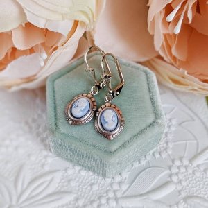 Blue Cameo Earrings, Silver Victorian Earrings, Cameo Jewelry, Historic Wedding Jewelry, Vintage Style Something Blue for Bride Earrings