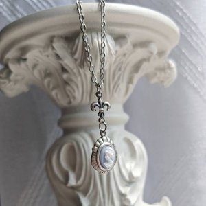 Dainty Blue Cameo Necklace, Silver Art Deco Pendant, Vintage Style Fleur De Lis Jewelry Gift for Her