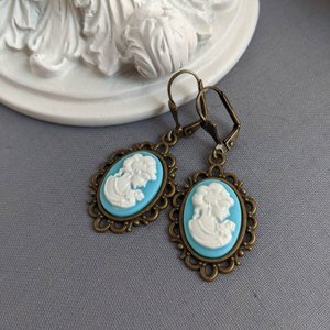 Turquoise Cameo Earrings, Victorian Lady Cameo Earrings, Romantic Earrings, Bride Earrings Vintage Style Wedding Jewelry, Historical Costume