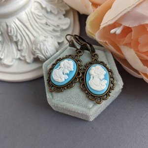 Turquoise Cameo Earrings, Victorian Lady Cameo Earrings, Romantic Earrings, Bride Earrings Vintage Style Wedding Jewelry, Historical Costume