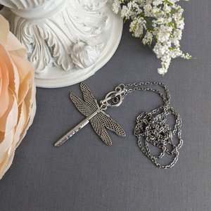 Silver Dragonfly Necklace with Toggle Closure, Minimalist Jewelry Pendant