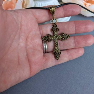 Gothic Cross Necklace on Leather Choker