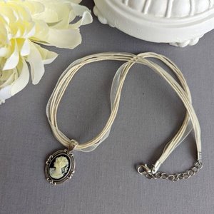 Victorian Bridal Jewelry, Cameo Ribbon Choker Necklace, Historical Costume Jewelry