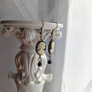 Black Cameo Earrings with Black Beads, Gothic Victorian Jewelry, Antique Replica Earrings