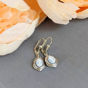 Blue Cameo Earrings, Silver Victorian Earrings, Cameo Jewelry, Historic Wedding Jewelry, Vintage Style Something Blue for Bride Earrings