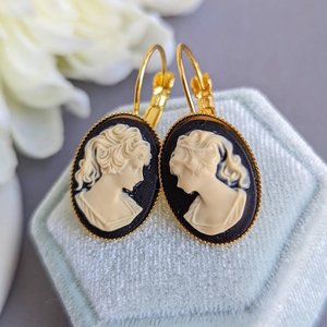 Black Cameo Earrings, Gold Cameo Drop Earrings, Lever Back Earrings, Lady Cameo Earrings, Victorian Earrings, Romantic Jewelry