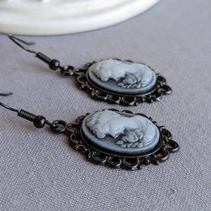 Blue Cameo Earrings, Gothic Victorian Jewelry, Vintage Portrait Earrings, Dark Academia, Gift for Her