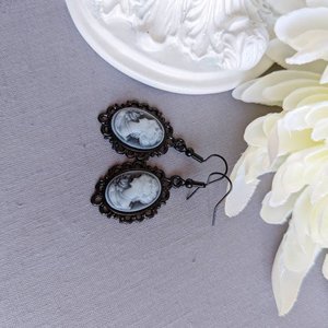 Blue Cameo Earrings, Gothic Victorian Jewelry, Vintage Portrait Earrings, Dark Academia, Gift for Her