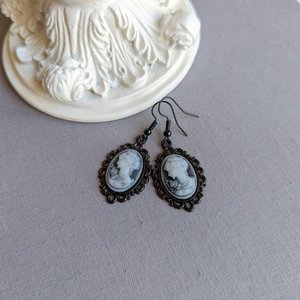 Blue Cameo Earrings, Gothic Victorian Jewelry, Vintage Portrait Earrings, Dark Academia, Gift for Her