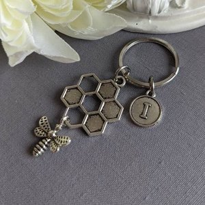 Honeycomb and Bee Keychain, Honeybee Key Ring, Personalized Gift for Her, Add an Initial Key Chain, Bee Lover Gft