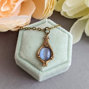 Vintage Style Necklace, Sapphire Blue Teardrop Pendant, September Birthday Jewelry Gift for Her