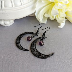 Black Crescent Moon earrings, Celestial Moon earrings, Filigree Moon jewelry, Boho earrings, Witchy earrings