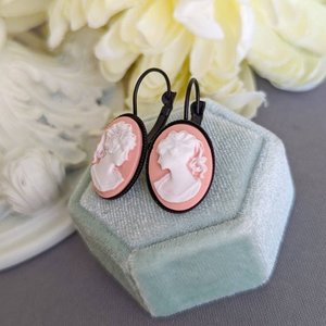 Pink Cameo Earrings, Vintage Portrait Earrings, Lever Back Earrings, Lady Cameo Earrings, Victorian Jewelry