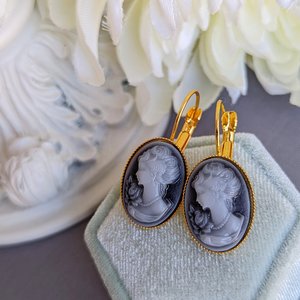 Blue Cameo Earrings, Vintage Portrait Earrings, Lever Back Earrings, Lady Cameo Earrings, Victorian Earrings, Light Academia Jewelry