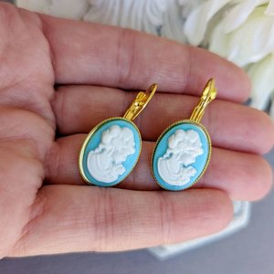 Blue Lady Cameo Earrings, Vintage Portrait, Gold Plated Lever Back Earrings, Victorian Jewelry