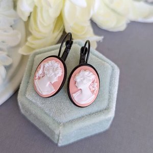 Pink Cameo Earrings, Vintage Portrait Earrings, Lever Back Earrings, Lady Cameo Earrings, Victorian Jewelry