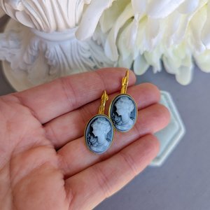 Blue Cameo Earrings, Vintage Portrait Earrings, Lever Back Earrings, Lady Cameo Earrings, Victorian Earrings, Light Academia Jewelry