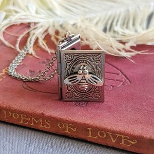 Bee Locket Necklace, Silver Book Locket, Tiny Silver Bee Necklace, Book Lover, Light Academia, Book Club Gift, Gift for Librarian