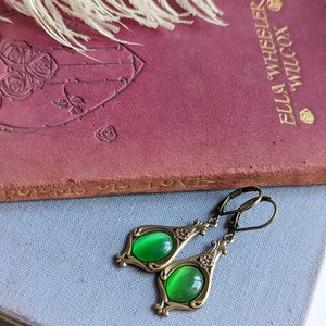 Victorian Earrings, Green Dangle Earrings, Vintage Style Jewelry Gift for Her, Regency Era, Art Nouveau